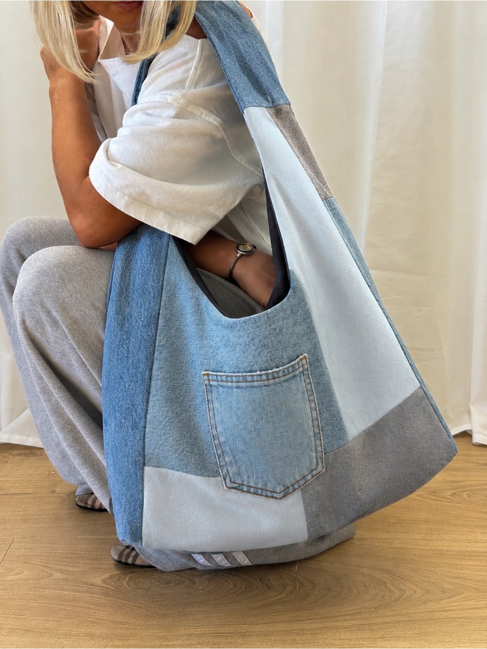 COUSHÉ Handmade Upcycled Denim Patchwork Hobo Tote Bag One of a Kind